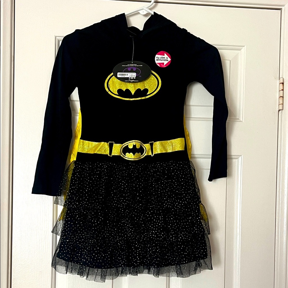 NWT Hooded Batgirl dress with removable cape. Long sleeve. Sparkly skirt. Sz M.